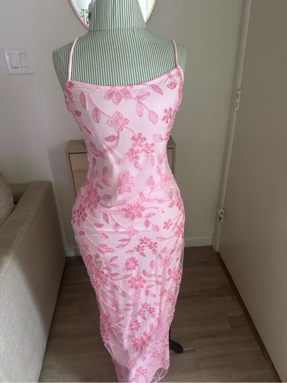 NWT Peppermayo Pink Beaded Floral Mesh Midi Dress Lace Up Back US 6